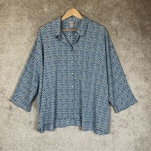 Chicos Shirt Womens 3 16/18 Blue White Geometric Button Blouse 3/4 Sleeve- 3729